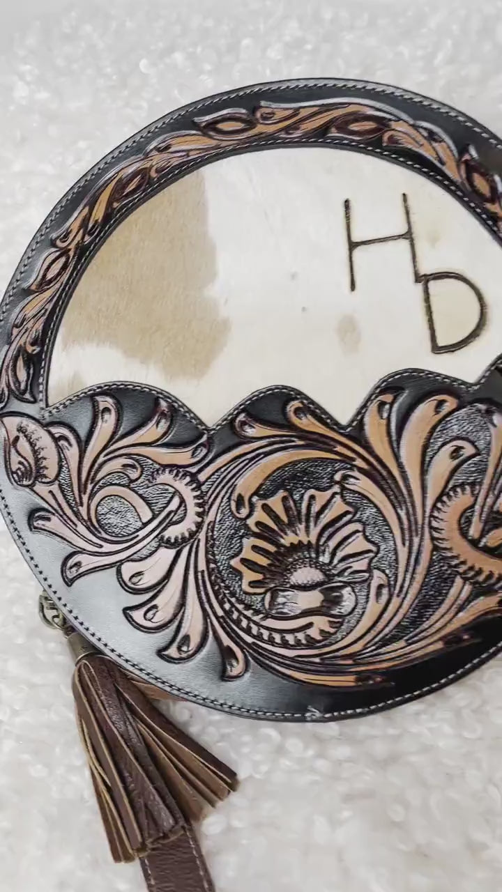 Custom Branded Round Cowhide Tooled leather Western Crossbody Canteen Style Purse Initials Monogram Farm or Cow Brand
