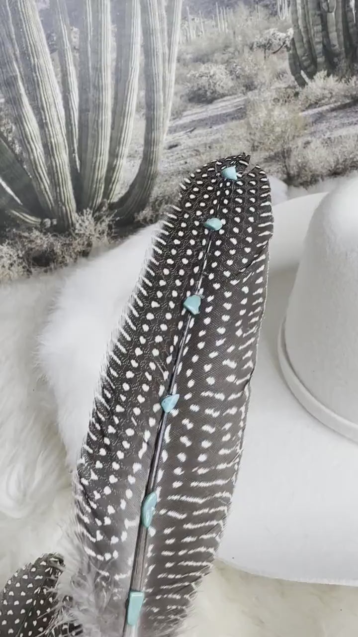 Genuine Turquoise stones on Guinea feather, Hat Feather, Decorated Hat Feather, Cowboy Hat Accessories, Cowboy Hat Feather, Natural Feather