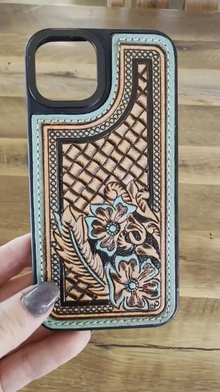 Turquoise Tooled Leather Western Phone Case, Phone Accessory, Phone cover for iPhone 14