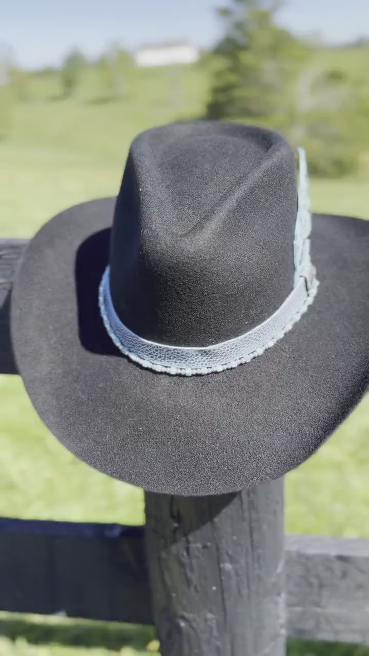 Western Fedora style Premium Wool Hat in Black with Turquoise & Silver Bead and Leather Hat Band Painted Leather Feather Cowgirl Hat