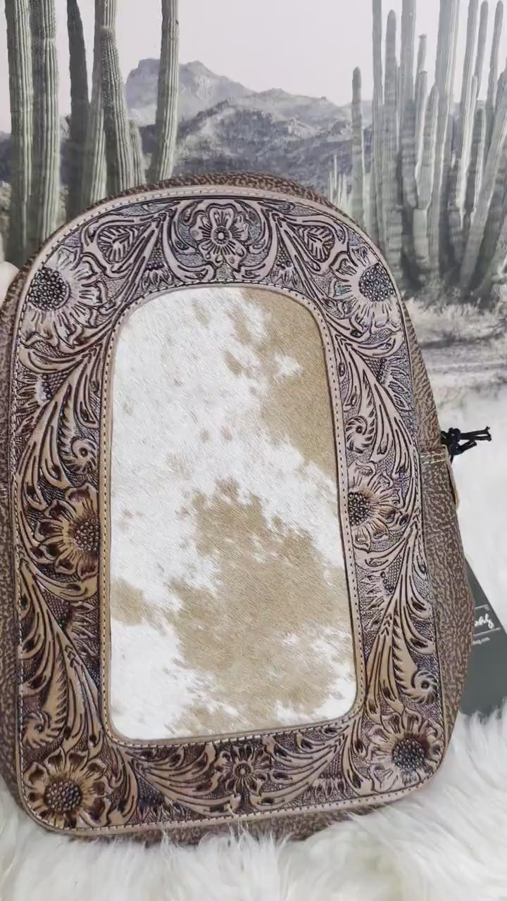 Custom Branded Brown and White Cowhide Tooled Leather Sling Bag, Crossbody Bag, Small Purse, Farm Brand, Name, Initials, Personalized Gift