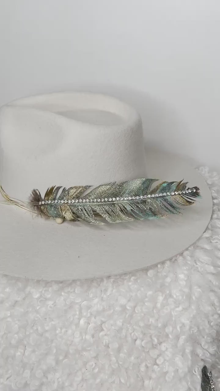 Hand Painted Rhinestone Glitter Turquoise & Gold Hat Feather Accessory Cowgirl Hat Decoration Hat Pin