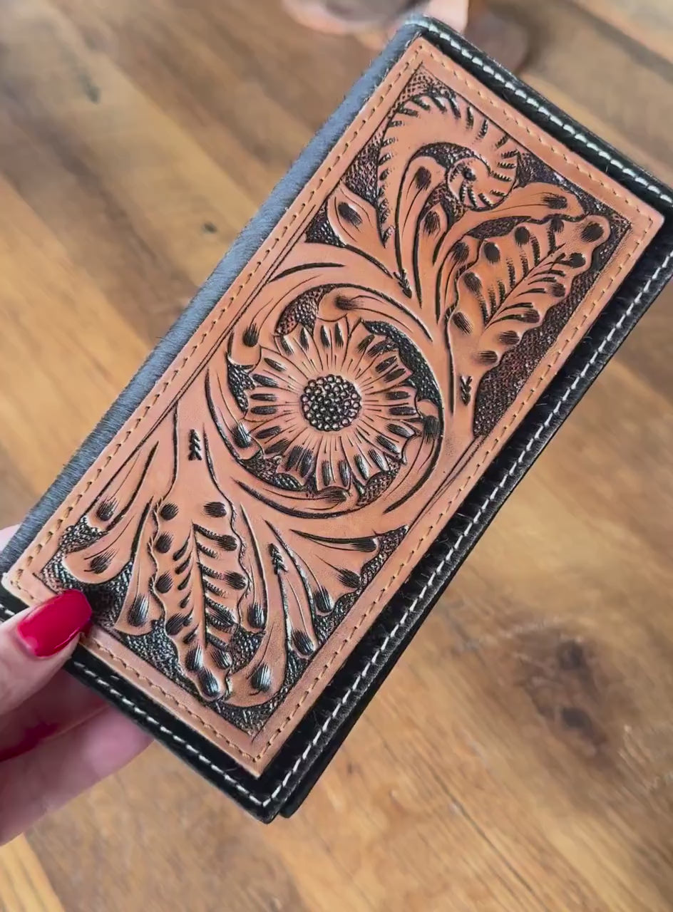 Customizable Tooled Leather & Cowhide Men's Women's Checkbook Style Wallet, We add your Farm Brand, Logo Initials Name Western Wallet