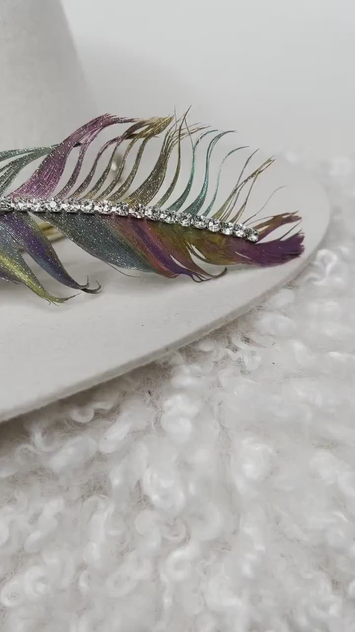 Hand Painted Rhinestone Glitter Rainbow Hat Feather Accessory Cowgirl Hat Decoration